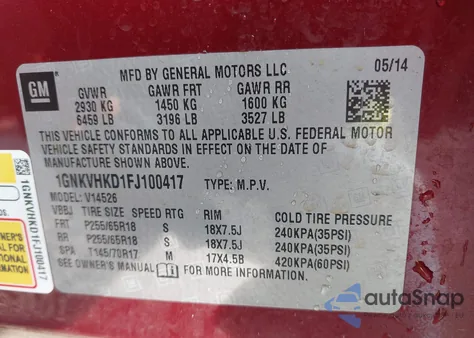 2015 Chevrolet Traverse 2Lt z USA, uszkodzony, nr VIN 1GNKVHKD1FJ100417